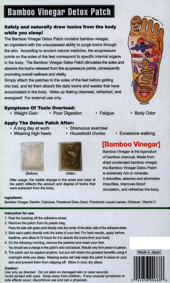 Bamboo Vinegar Detox Patch

These are great after a long day at work, easy to use and simple to do at night with a partner.

Bamboo vinegar patches that purge harmful toxins from the body through the soles of the feet

 

Safely and naturally draw out toxins from the body while you sleep!

 

Simply attach these patches to the soles of the feet before getting into bed, to let them absorb the daily toxins and wastes that have accumulated in the body.  Wake up feeling cleansed, refreshed, and energized!

 

A