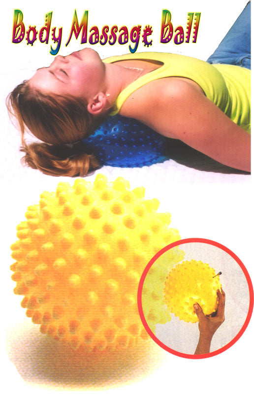 The BT Massage Ball is an inflatable 8 inch vinyl 
ball with one third inch nubbins evenly distributed 
over its surface for massaging aching muscles of 
the feet, back, neck, and legs. Digs deeply into 
cellulite and other lumps and bumps. Really brings 
the blood circulation to the skin.